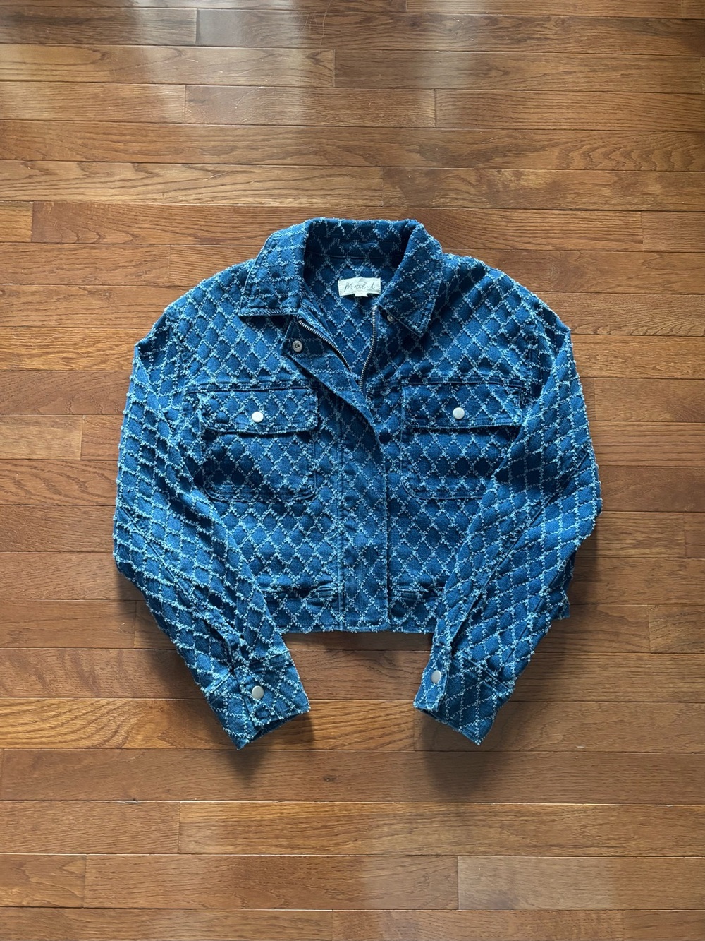 Marled Blue Denim Quilted Cropped Lightweight Denim Jacket
